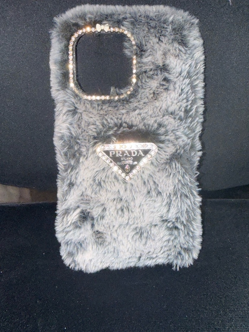 PRADA Gray Faux Fur Phone Case with Rhinestone Badge Foe IPhone 16 Pro Max